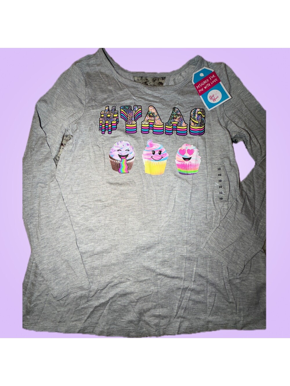 Justice New Girls Size 10 Gray Yaaas Cupcake Long-Sleeve Shirt
